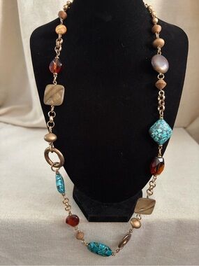Long Mixed Bead Necklace with Turquoise & Amber Accents - Women Jewelry